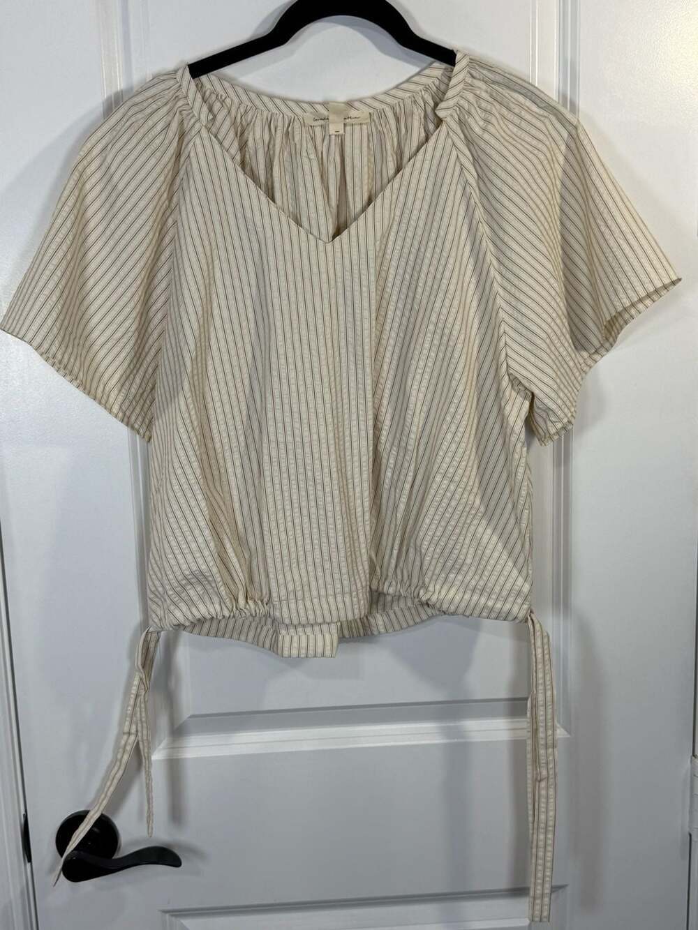 Grade & Gather Pinstripe V-Neck Flutter Sleeve Top with Hem Ties